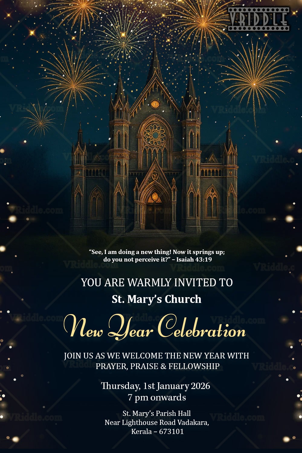 Church New Year Celebration Invitation with Fireworks Display in Night Theme