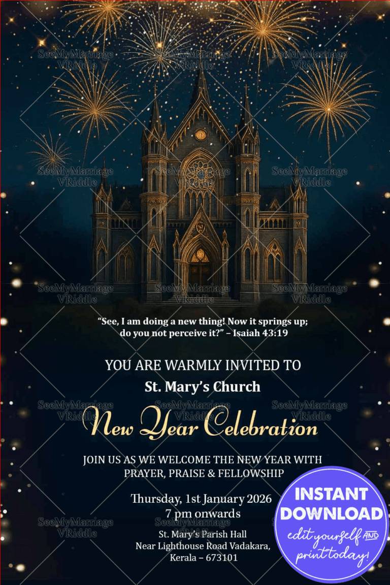 Church New Year Celebration Invitation with Fireworks Display in Night Theme