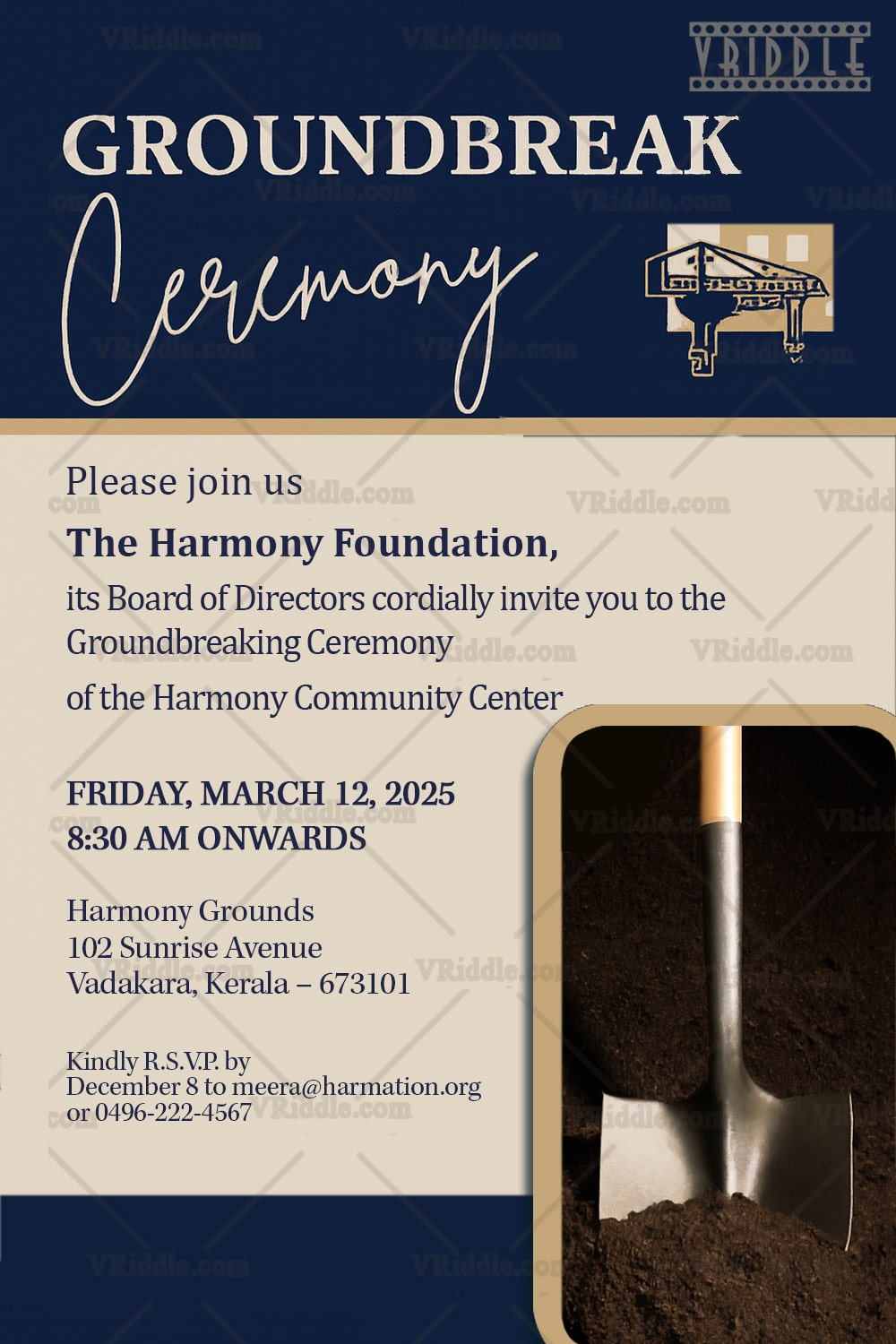 Classic Groundbreaking Ceremony Invite with Shovel Illustration on Navy & Beige Theme