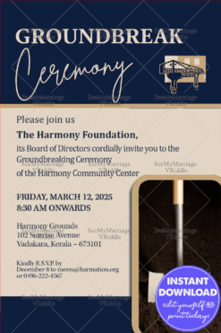 Classic Groundbreaking Ceremony Invite with Shovel Illustration on Navy & Beige Theme
