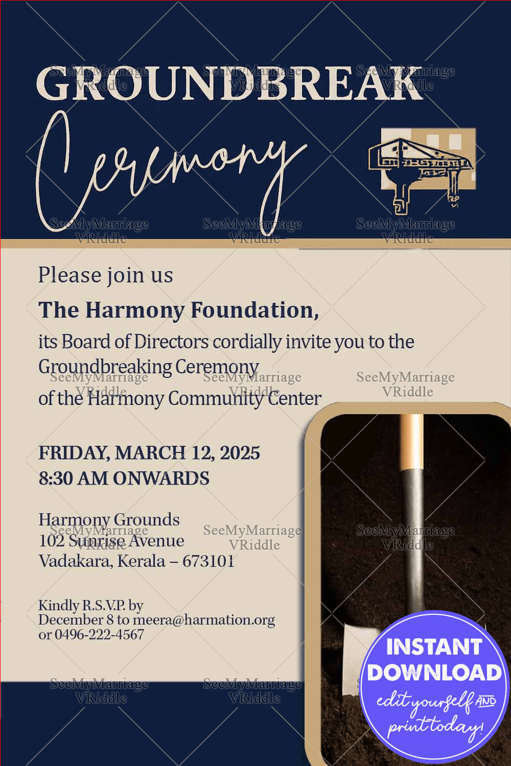 Classic Groundbreaking Ceremony Invite with Shovel Illustration on Navy & Beige Theme