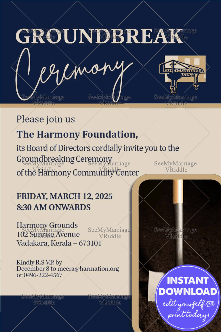 Classic Groundbreaking Ceremony Invite with Shovel Illustration on Navy & Beige Theme