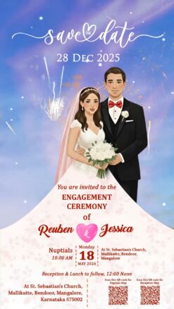 Couple Illustration Christian Engagement Invitation Video with Fireworks Backdrop and Nuptials, Reception, Save The Date