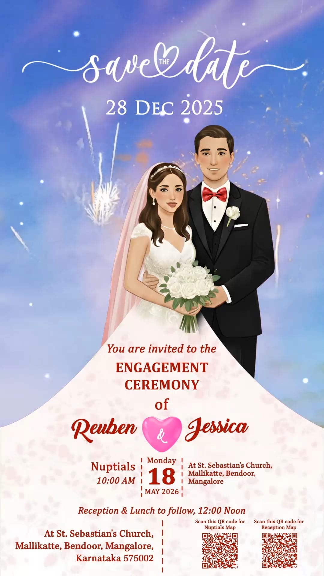 Couple Illustration Christian Engagement Invitation Video with Fireworks Backdrop and Nuptials, Reception, Save The Date