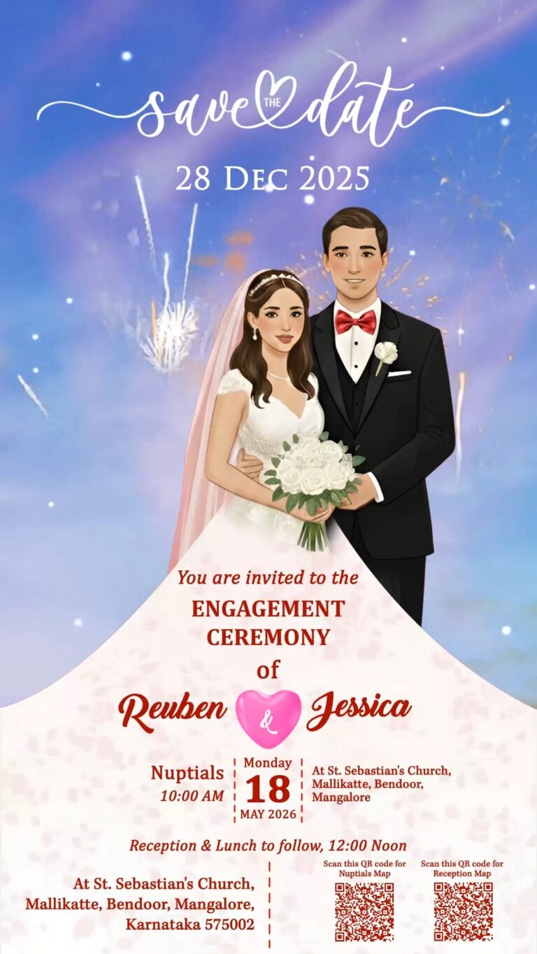 Couple Illustration Christian Engagement Invitation Video with Fireworks Backdrop and Nuptials, Reception, Save The Date