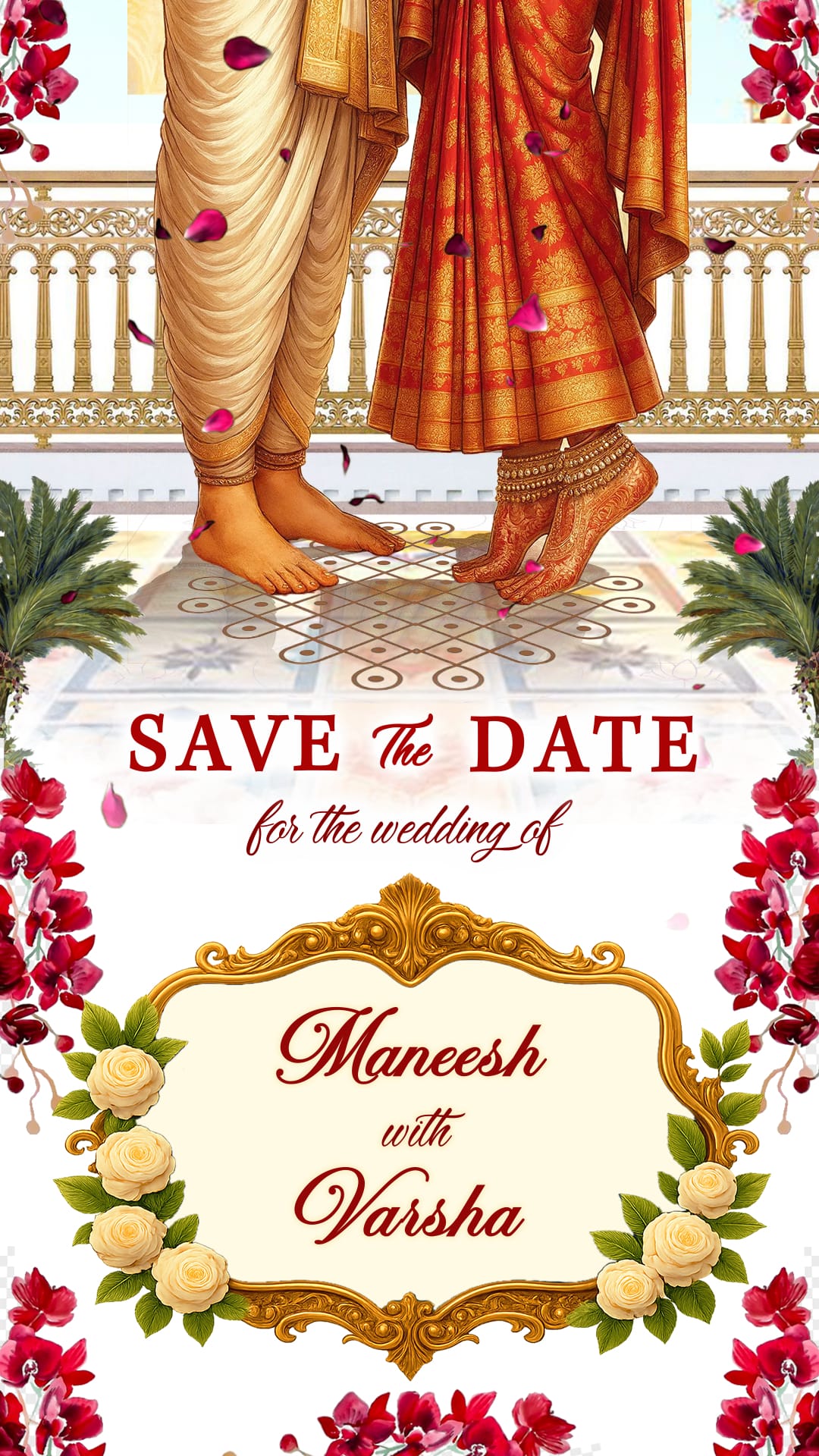 Couple Pose South Indian Wedding Save the Date Video with Elegant Floral and Cultural Accents
