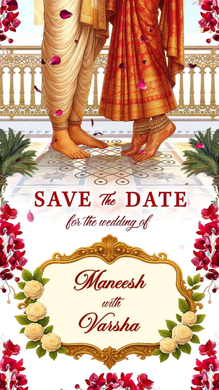 Couple Pose South Indian Wedding Save the Date Video with Elegant Floral and Cultural Accents