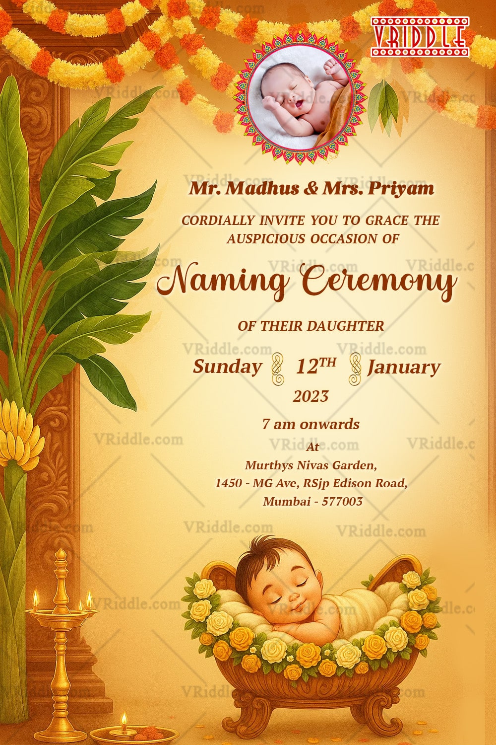 Cradle Baby Naming Ceremony Invitation card With Add image Option and Banana Leaves with Traditional Decor