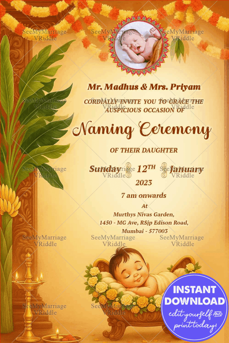 Cradle Baby Naming Ceremony Invitation card With Add image Option and Banana Leaves with Traditional Decor