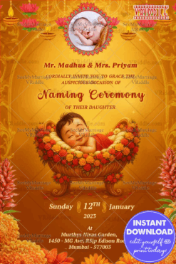 Cradle Baby Naming Ceremony Invitation with Add Photo Image and Blooming Floral In Rich Gold and Orange Backdrop