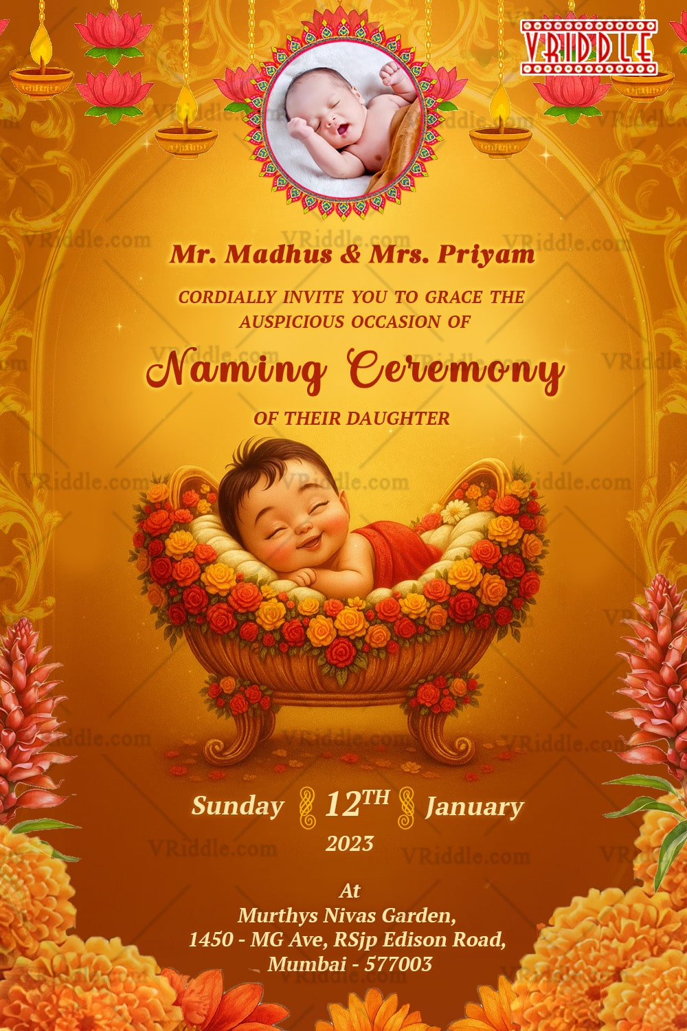 Cradle Baby Naming Ceremony Invitation with Add Photo Image and Blooming Floral In Rich Gold and Orange Backdrop