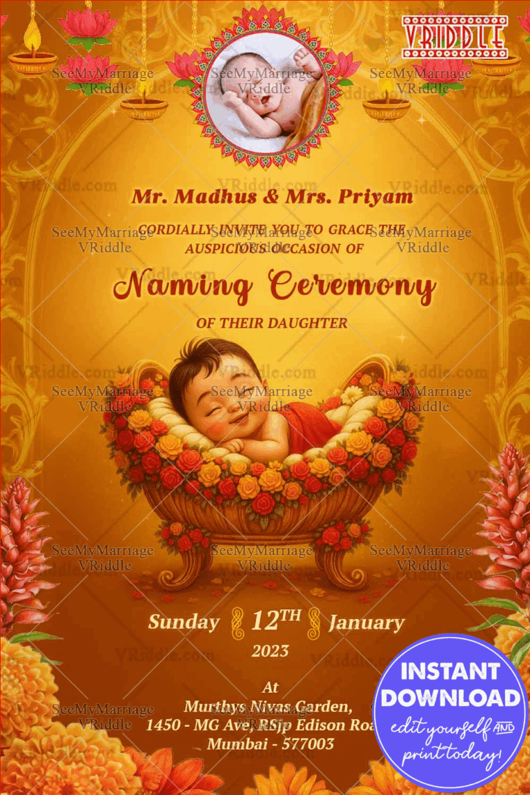 Cradle Baby Naming Ceremony Invitation with Add Photo Image and Blooming Floral In Rich Gold and Orange Backdrop