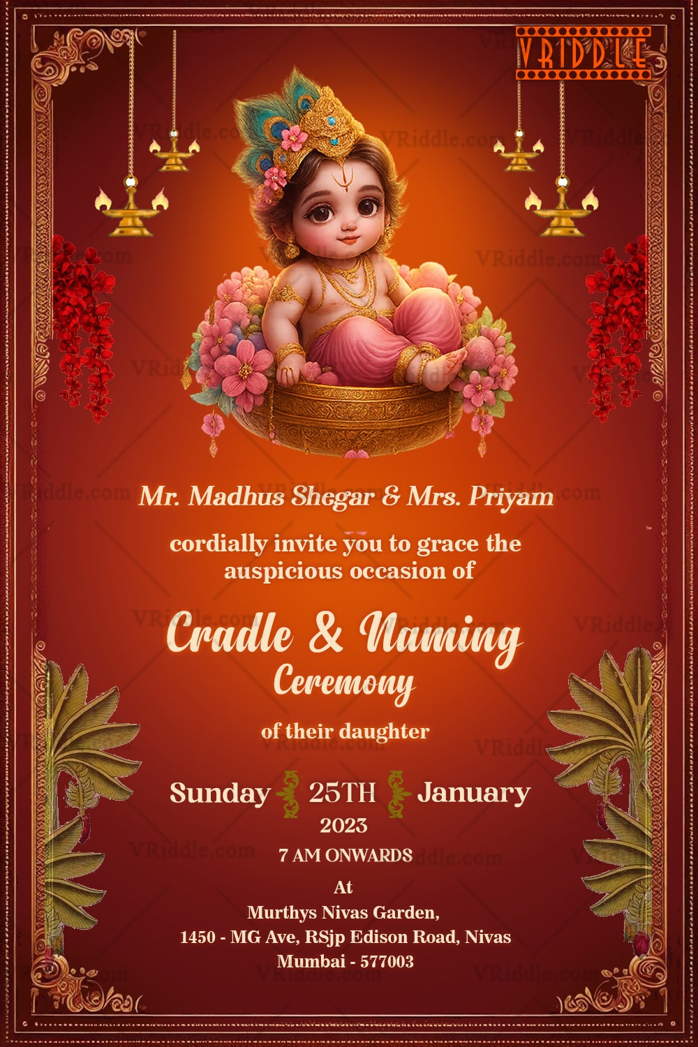 Cradle and Naming Ceremony Invitation with Baby Little Krishna, Hanging Lamps & Warm Festive Motifs In Maroon Backdrop