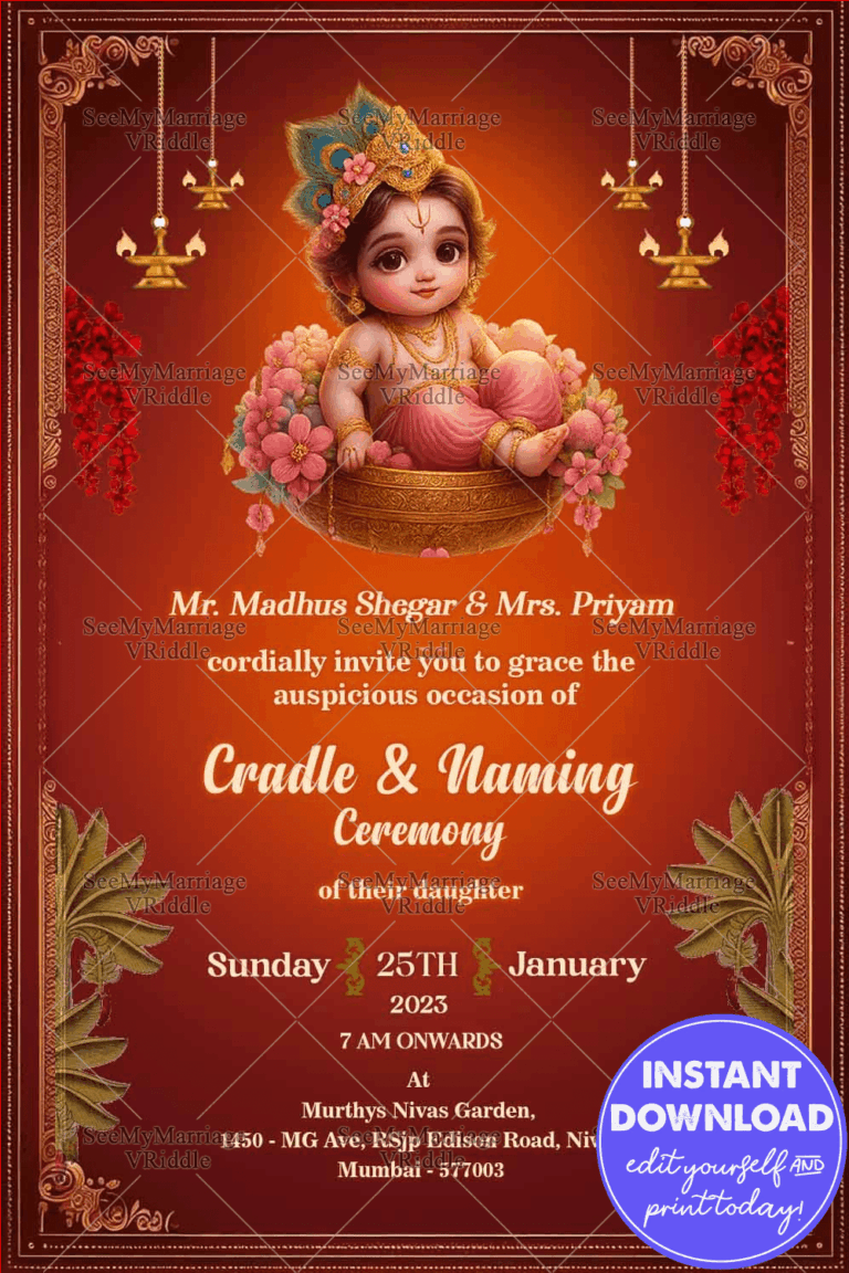 Cradle and Naming Ceremony Invitation with Baby Little Krishna, Hanging Lamps & Warm Festive Motifs In Maroon Backdrop