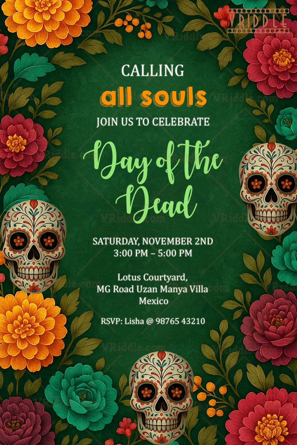 Day of the Dead Invitation with Sugar Skulls, Floral Motifs & Celebration Elements