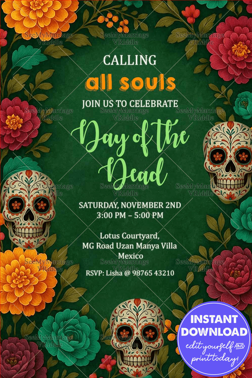 Day of the Dead Invitation with Sugar Skulls, Floral Motifs & Celebration Elements