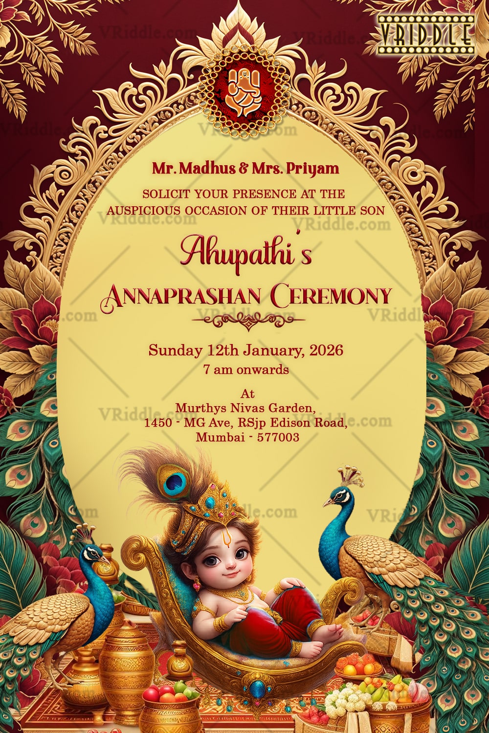 Divine Annaprashan Invitation with Krishna Baby on Swing, Peacock Motifs & Lotus-Adorned Arch