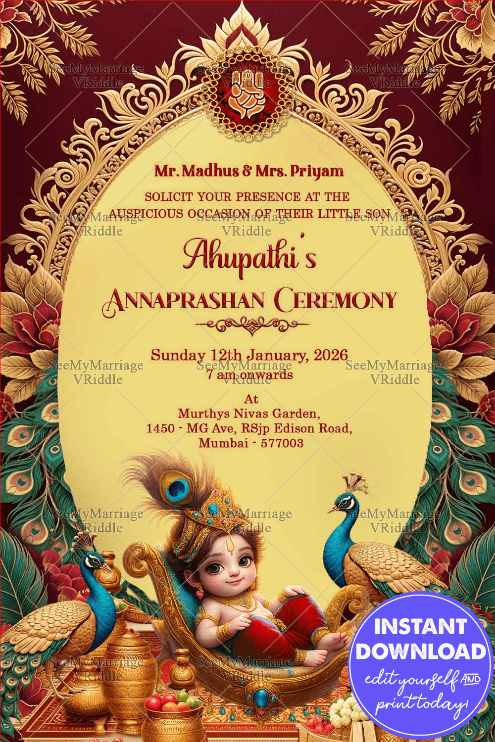 Divine Annaprashan Invitation with Krishna Baby on Swing, Peacock Motifs & Lotus-Adorned Arch