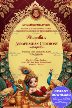 Divine Annaprashan Invitation with Krishna Baby on Swing, Peacock Motifs & Lotus-Adorned Arch