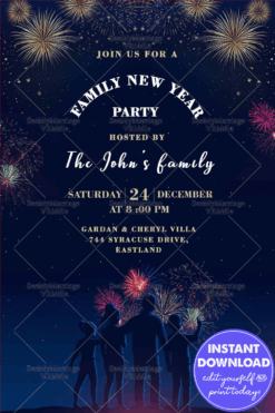 Festive Family New Year Party Invitation with Fireworks and Night Sky Theme