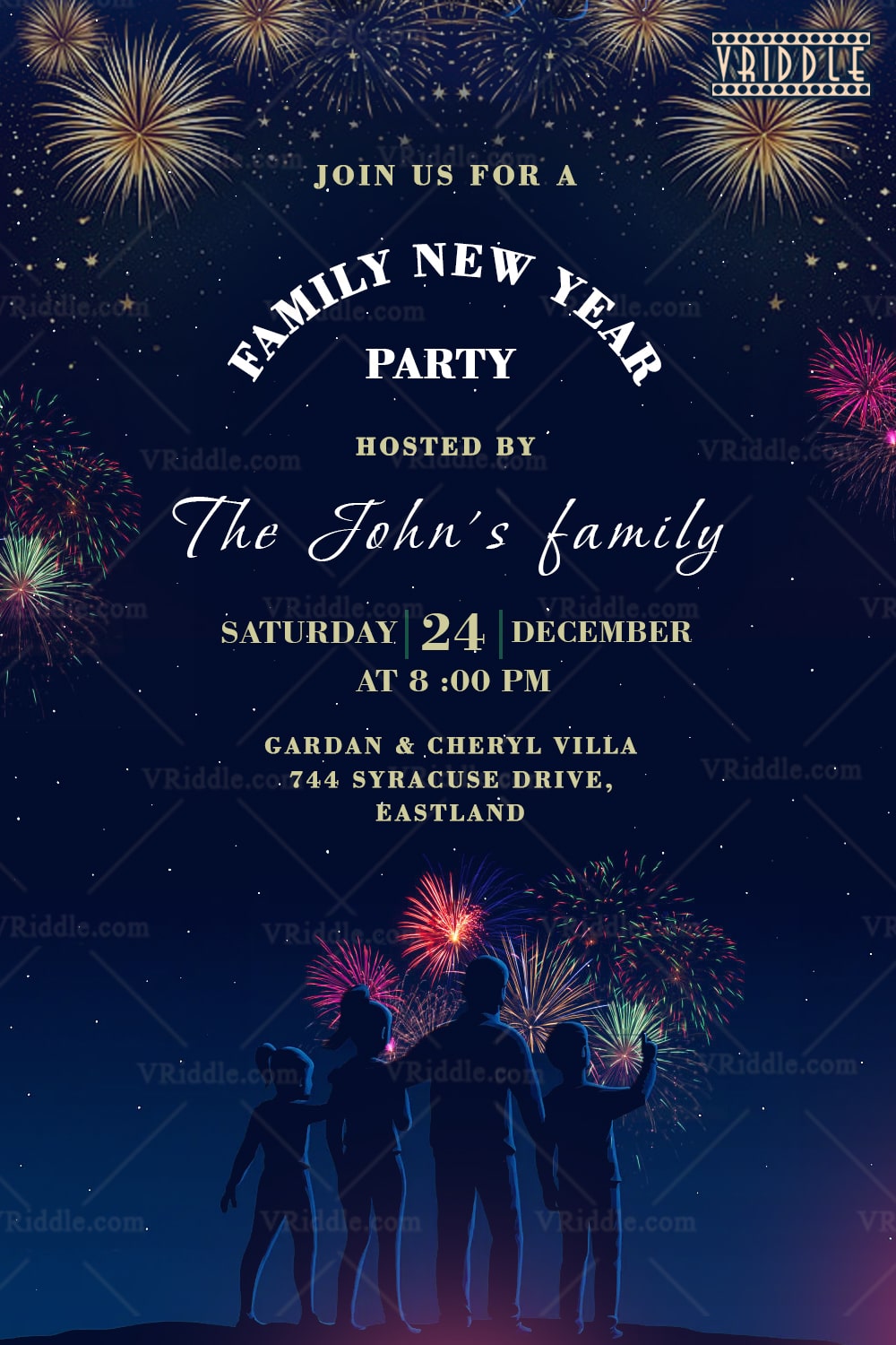 Festive Family New Year Party Invitation with Fireworks and Night Sky Theme