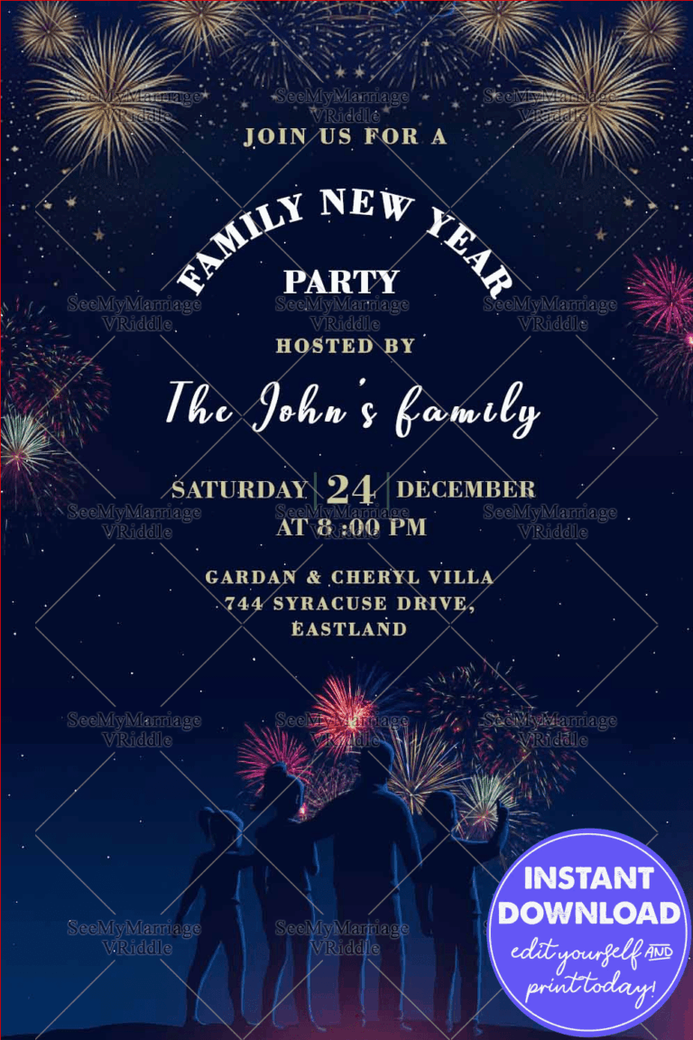 Festive Family New Year Party Invitation with Fireworks and Night Sky Theme