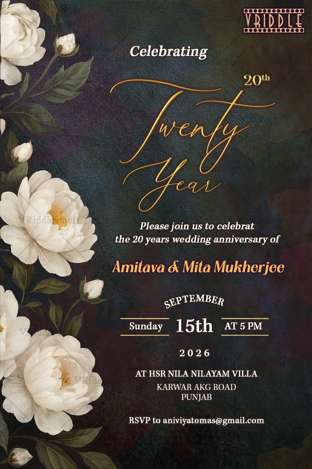 Floral 20th Wedding Anniversary Invitation with Gold Script in Textured Background