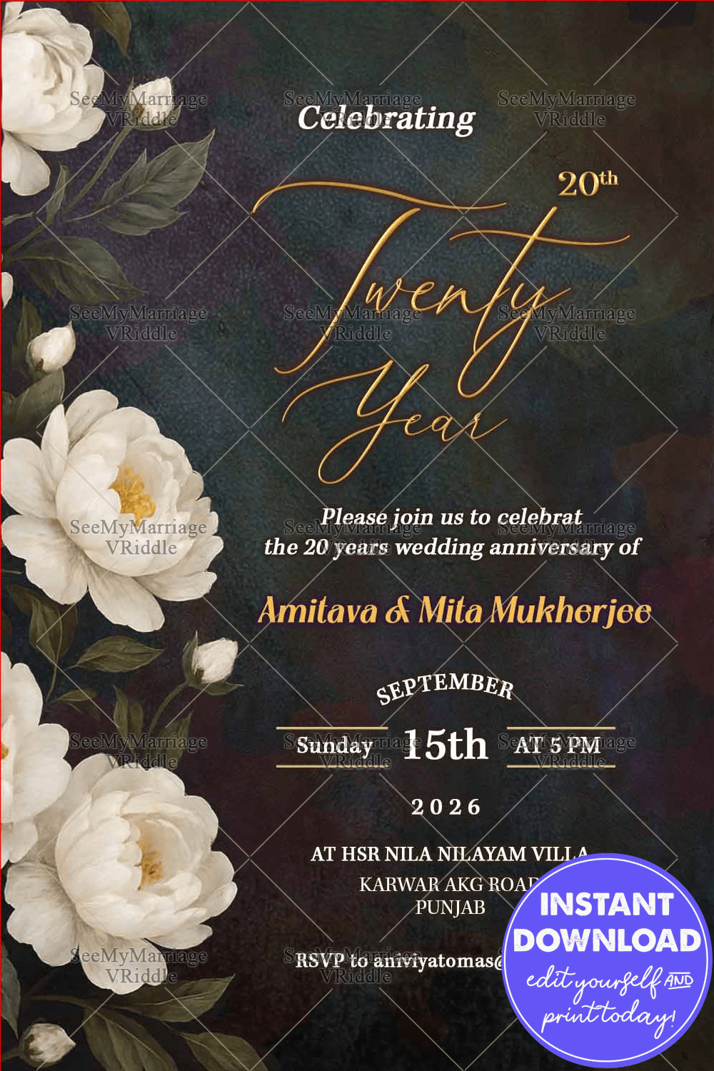 Floral 20th Wedding Anniversary Invitation with Gold Script in Textured Background