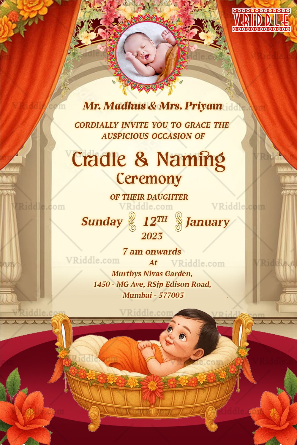 Floral Arch Cradle Baby and Naming Ceremony Invitation with Add Image Option in Ivory and Maroon Backdrop Motifs.