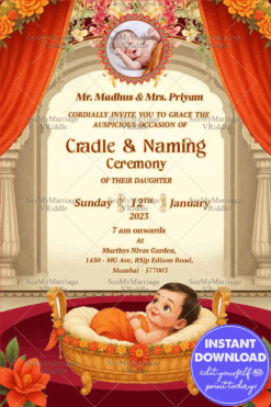 Floral Arch Cradle Baby and Naming Ceremony Invitation with Add Image Option in Ivory and Maroon Backdrop Motifs.