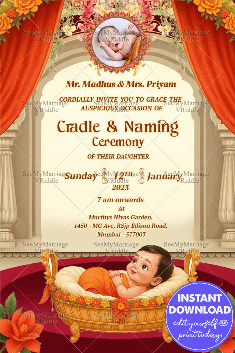 Floral Arch Cradle Baby and Naming Ceremony Invitation with Add Image Option in Ivory and Maroon Backdrop Motifs.