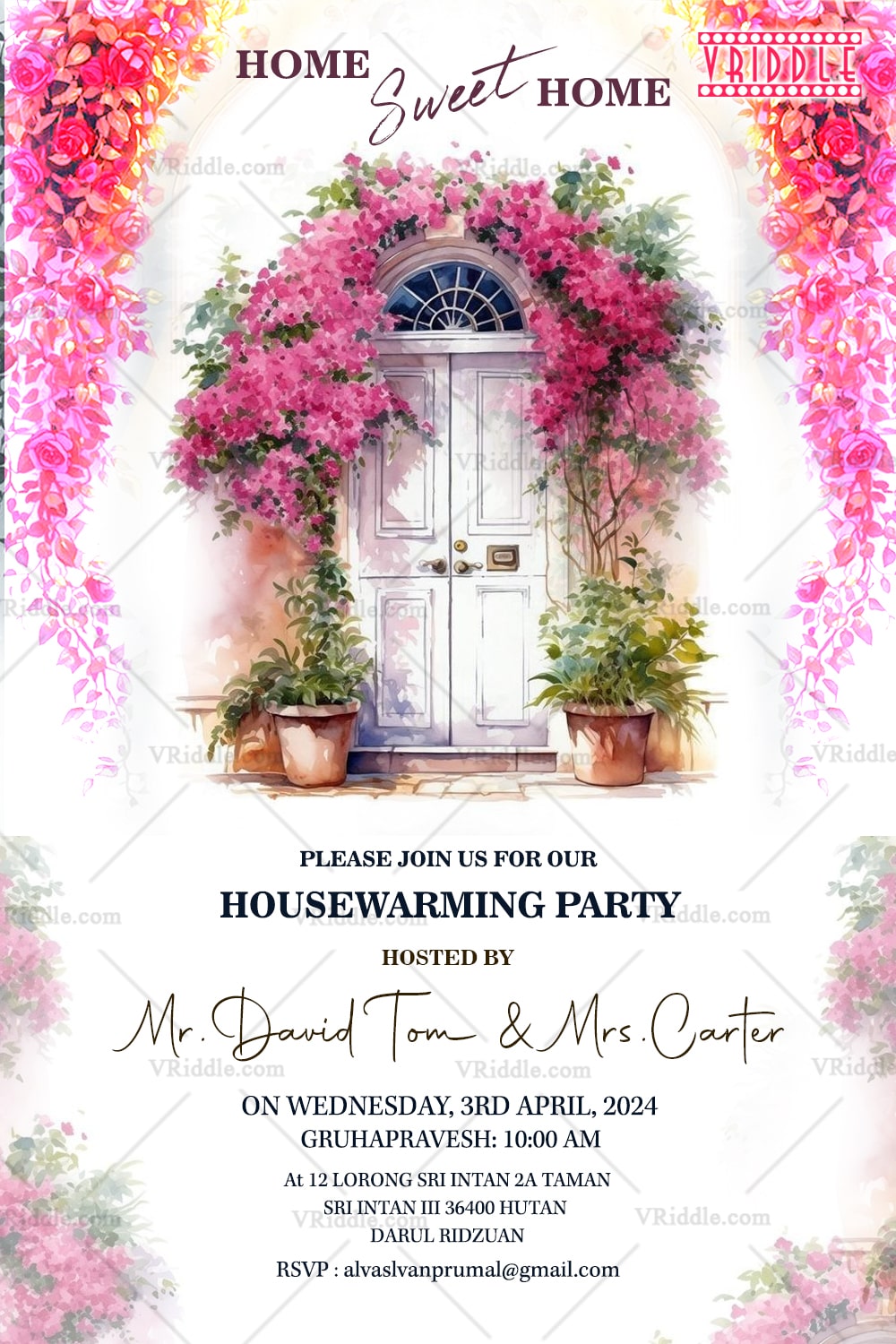 Floral Doorway Housewarming Invitation with Watercolor Bougainville Blooms, Potted Greens