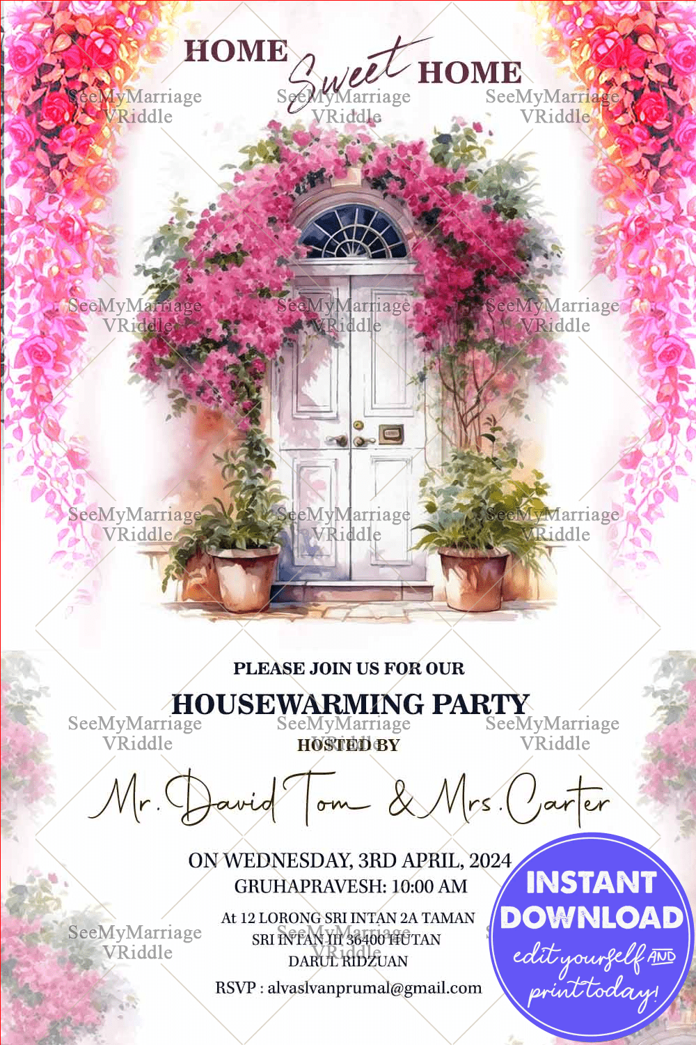 Floral Doorway Housewarming Invitation with Watercolor Bougainville Blooms, Potted Greens