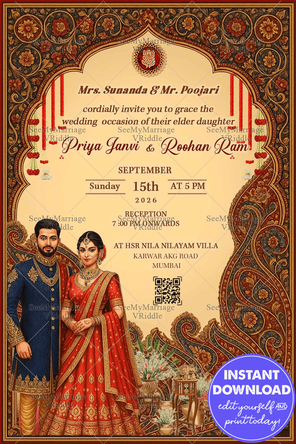 Floral Indian Wedding Invitation with Ornate Motifs and Traditional Couple Illustration