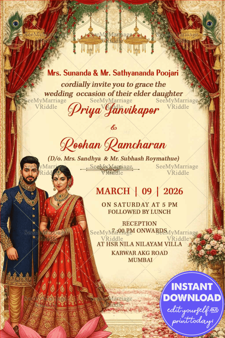 Floral Indian Wedding Invitation with Ornate Motifs and Traditional Couple Illustration