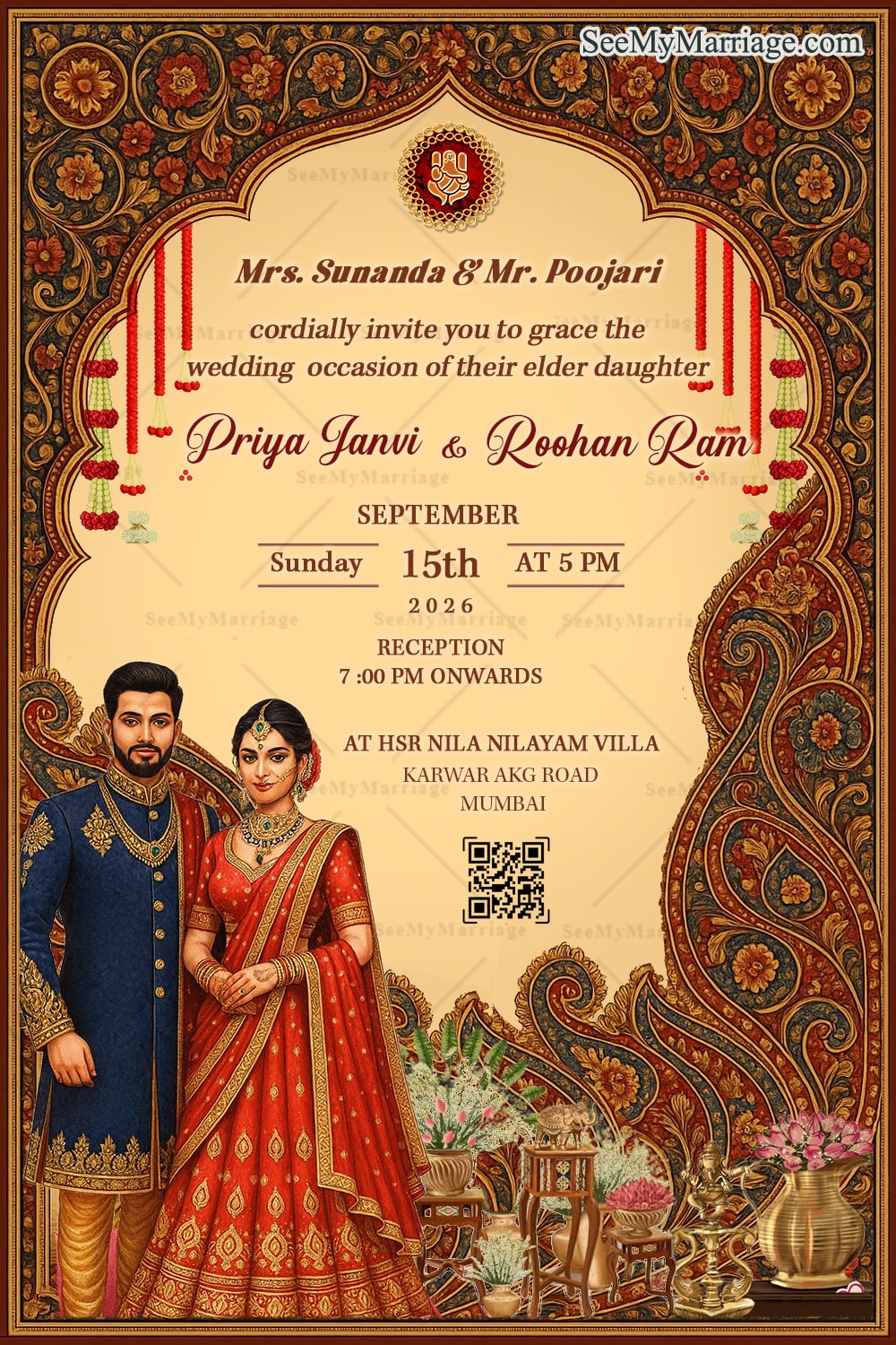 Floral Indian Wedding Invitation with Ornate Motifs and Traditional Couple Illustration
