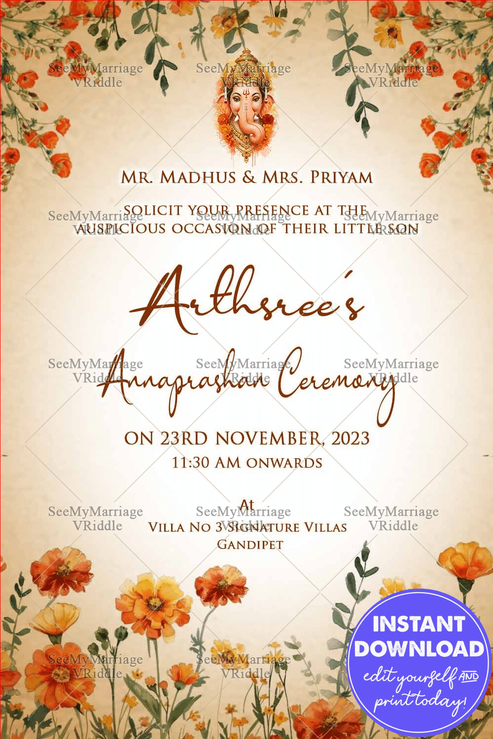 Floral-Themed Annaprashan Invitation with Ganesh Blessings and Warm Soft Pastels
