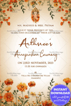 Floral-Themed Annaprashan Invitation with Ganesh Blessings and Warm Soft Pastels