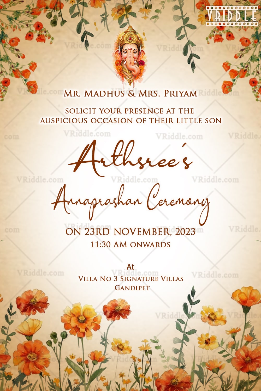 Floral-Themed Annaprashan Invitation with Ganesh Blessings and Warm Soft Pastels