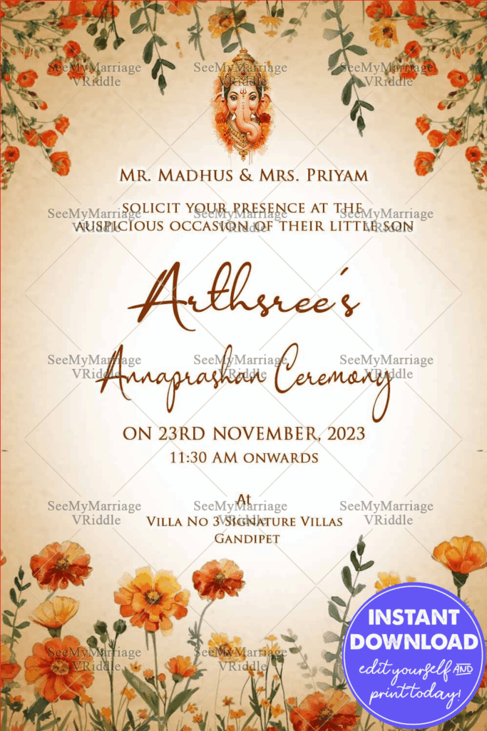 Floral-Themed Annaprashan Invitation with Ganesh Blessings and Warm Soft Pastels
