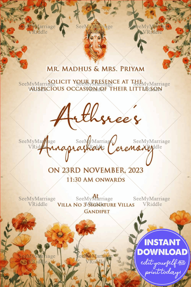 Floral-Themed Annaprashan Invitation with Ganesh Blessings and Warm Soft Pastels