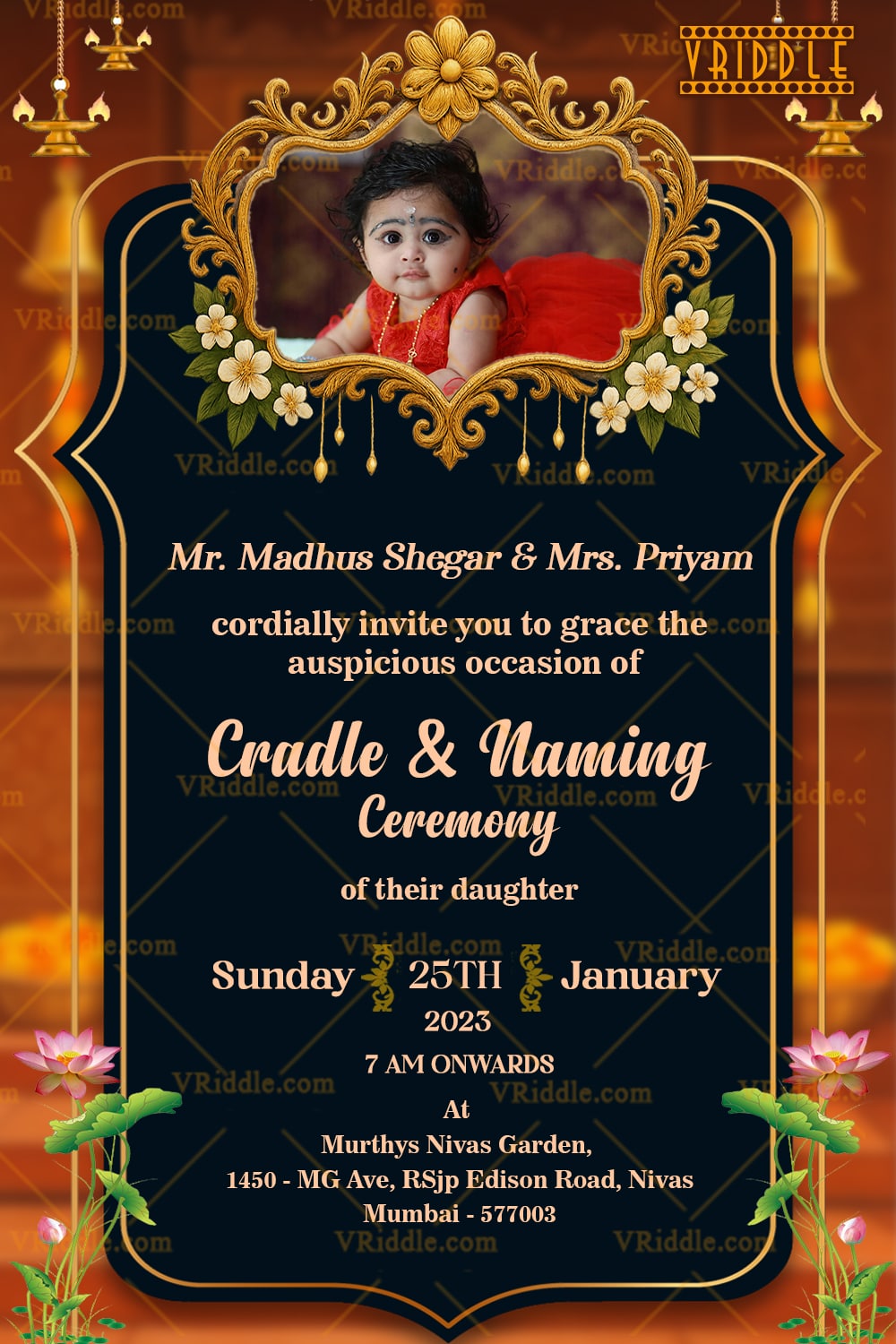 Golden-Framed Cradle and Naming Ceremony Invitation with Add Photo Option, Floral Embellishments & Warm Gradient Elegance