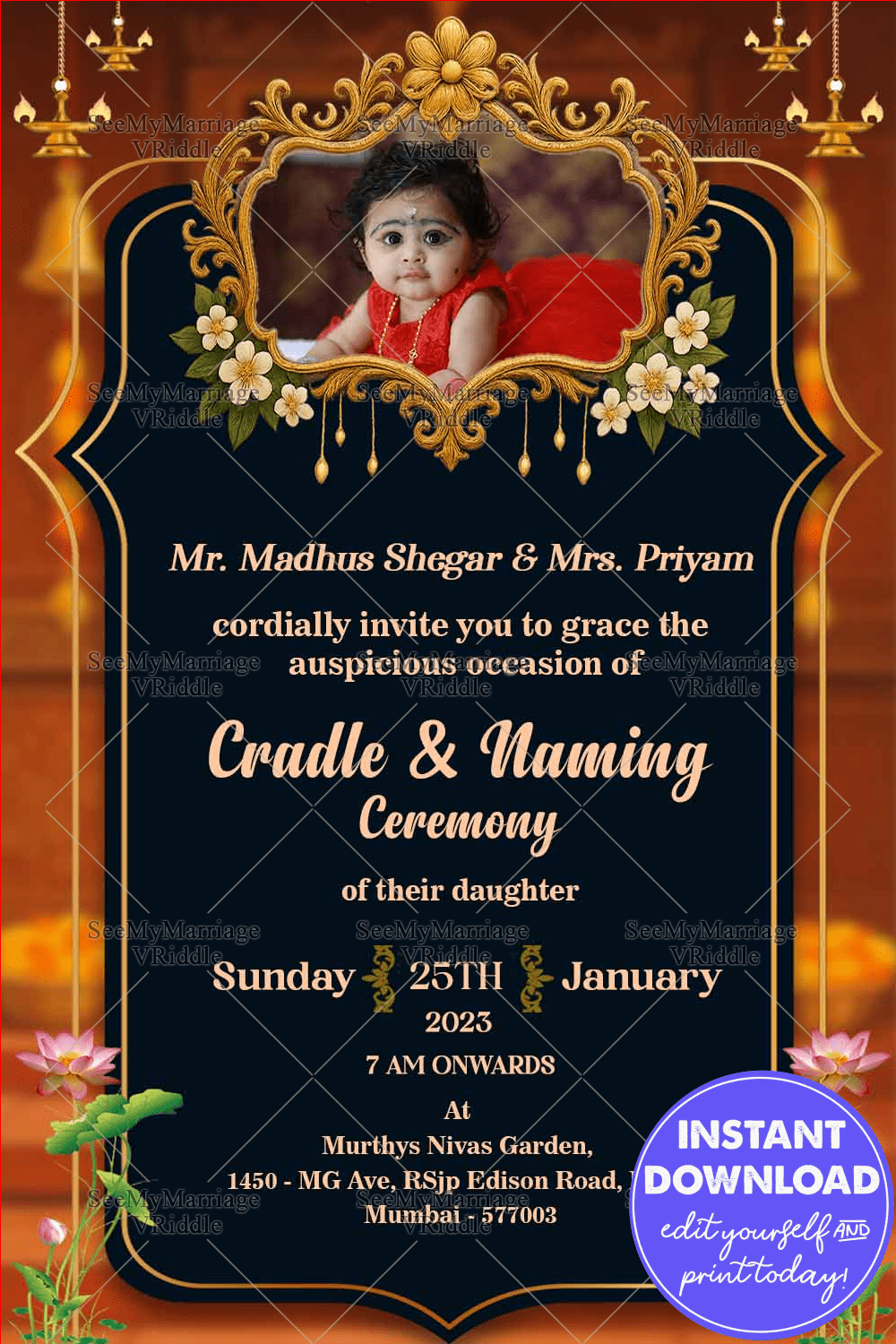 Golden-Framed Cradle and Naming Ceremony Invitation with Add Photo Option, Floral Embellishments & Warm Gradient Elegance