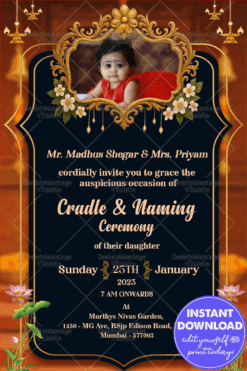 Golden-Framed Cradle and Naming Ceremony Invitation with Add Photo Option, Floral Embellishments & Warm Gradient Elegance