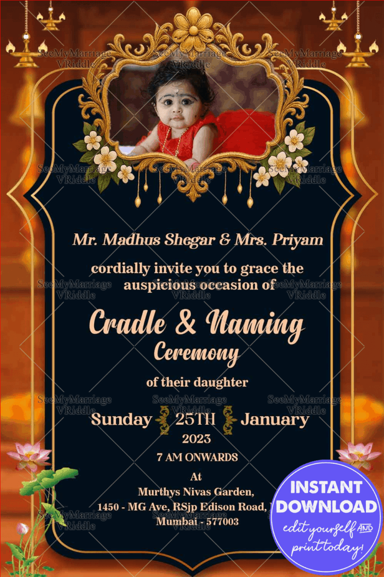 Golden-Framed Cradle and Naming Ceremony Invitation with Add Photo Option, Floral Embellishments & Warm Gradient Elegance