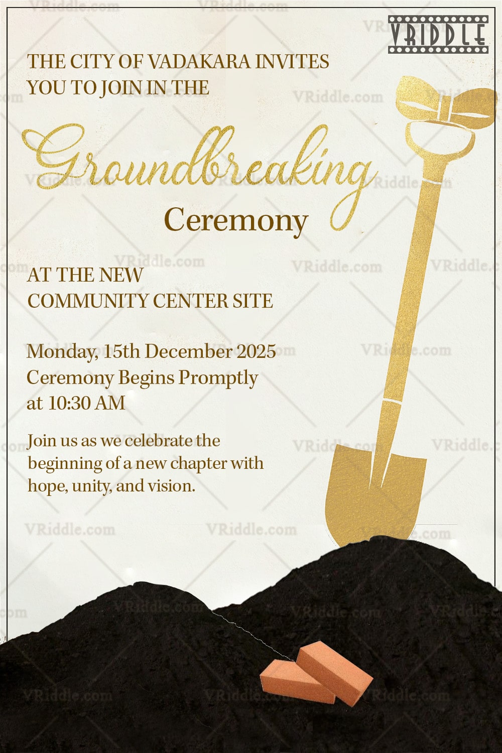 Golden Shovel Groundbreaking Ceremony Invitation with Bricks on Earth Theme