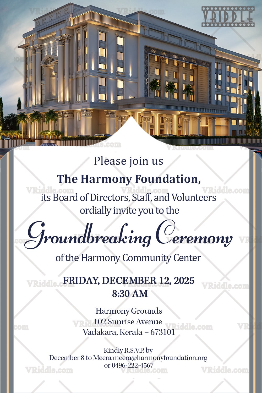 Grand Groundbreaking Ceremony Invitation with Add Image Option Majestic Building Backdrop