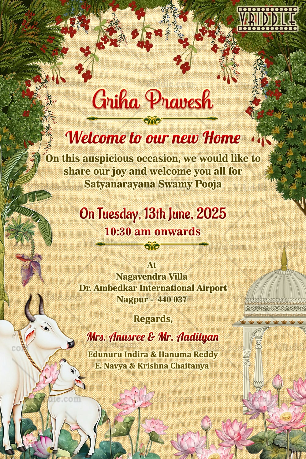 Griha Pravesh Invitation with Divine Cow & Calf Motif and Vintage Palace, Floral Elegance