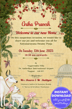 Griha Pravesh Invitation with Divine Cow & Calf Motif and Vintage Palace, Floral Elegance