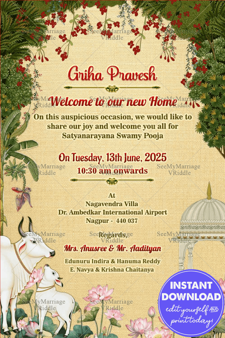 Griha Pravesh Invitation with Divine Cow & Calf Motif and Vintage Palace, Floral Elegance
